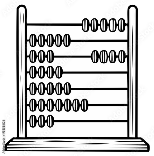 Black and white illustration of a wooden abacus for mathematics lessons and calculations