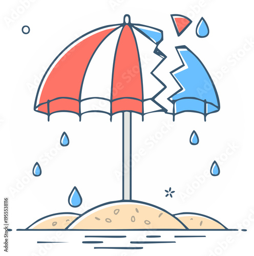 Damaged Parasol on a Beach Vector Illustratration: Colorful Seaside Icon