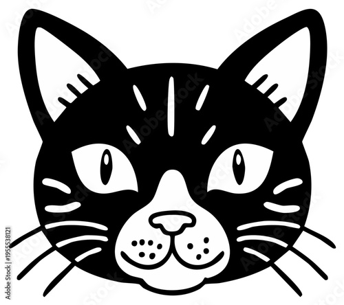 Cartoon cat head with black and white fur, staring forward with a curious expression.