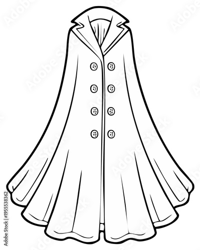 Elegant Double-Breasted Long Coat with Wide Collar and Flare Skirt Illustration