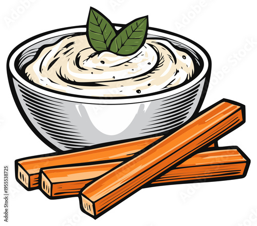 Creamy dip in bowl with carrot sticks and basil leaves, vector illustration