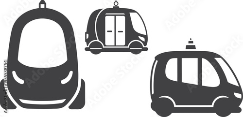 Three views of a futuristic self driving pod isolated on transparent background