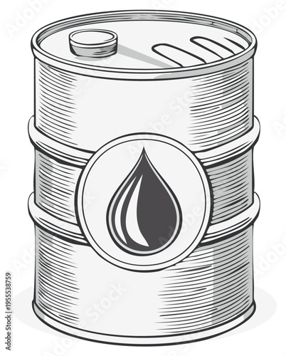 Ink drawing of a metal oil barrel with a drop symbol, isolated vector illustration