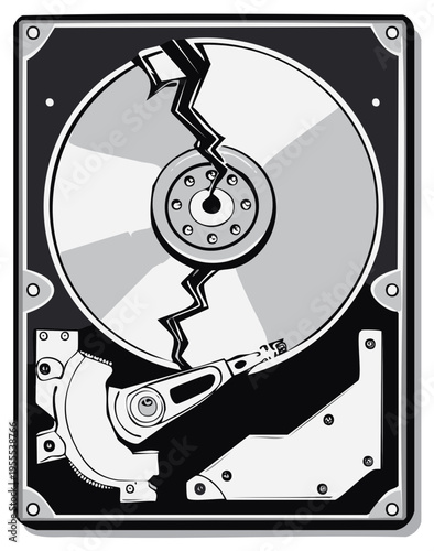 Broken hard drive disk with crash with visible crack. Data recovery fail. Isolated vector