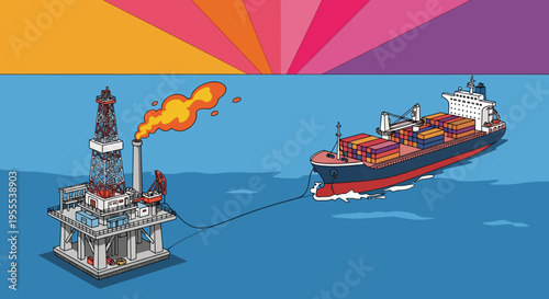 Industrial oil refinery with flare stack at sunset