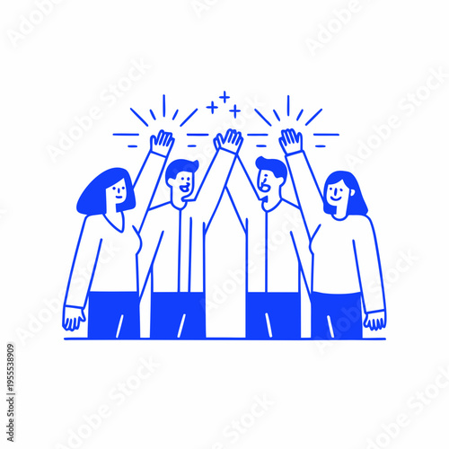 Four people celebrating with raised hands in a minimalist illustration