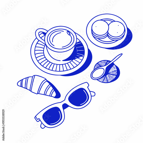 A blue line art still life featuring coffee pastries and summer accessories