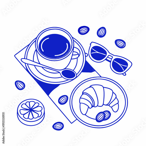 A flat lay illustration featuring coffee a croissant and summer accessories