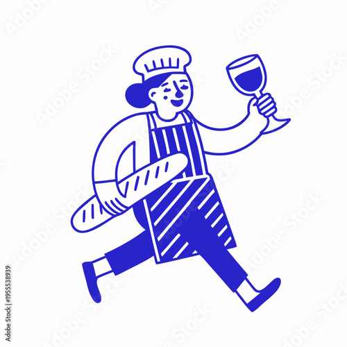 A baker cheerfully runs with bread and a glass of wine