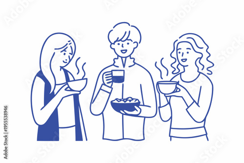 Three people enjoying warm beverages and a snack together in a simple style