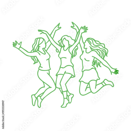 Three women jumping and celebrating in a neon green outline style