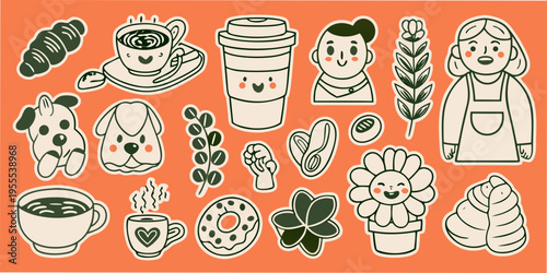 Cute sticker set illustration featuring coffee pastries people and floral elements
