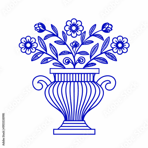 Blue floral arrangement in a classic urn simple line art style