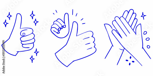 Blue line art depicting various hand gestures of praise and support