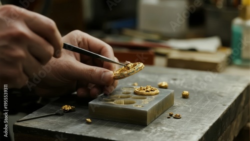 Close-up of hands using tweezers to assemble a gold jewelry piece in a workshop setting