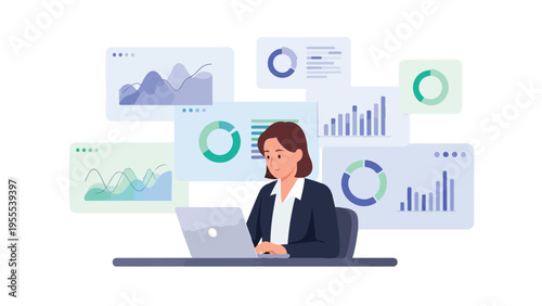 Illustration of a focused businesswoman working on a laptop with various graphs and charts floating above her in a professional setting with a clean