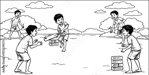 Children Playing Traditional Outdoor Game in Rural Village Line Art Illustration