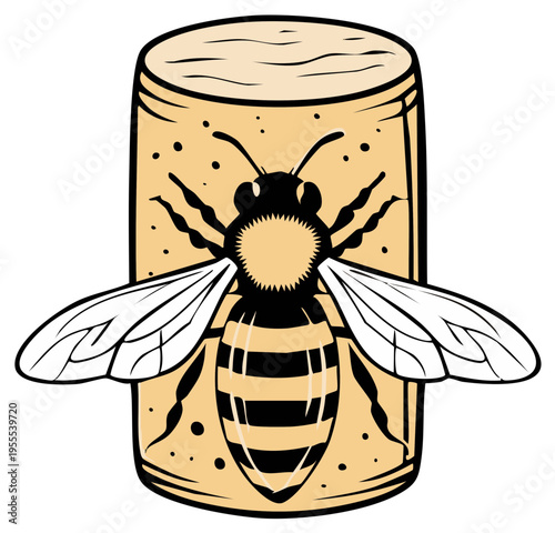 Stylized honey bee on a wine cork illustration for mead or winery logo