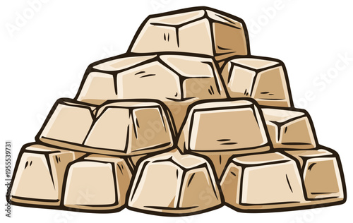 Illustration of a Stacked Pile of Shiny Gold Bars Depicting Wealth, Treasure, and Investment Opportunities in cartoon style.
