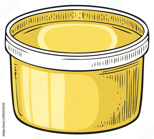 Open pot with yellow ghee or honey in a vintage hand drawn vector illustration style