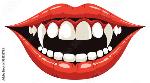 Vampire mouth with sharp teeth and red lips for Halloween design, scary monster with fangs and tongue
