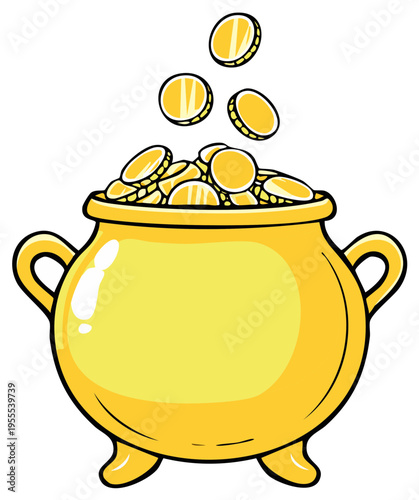 Cartoon golden pot overflowing with coins, lucky treasure concept