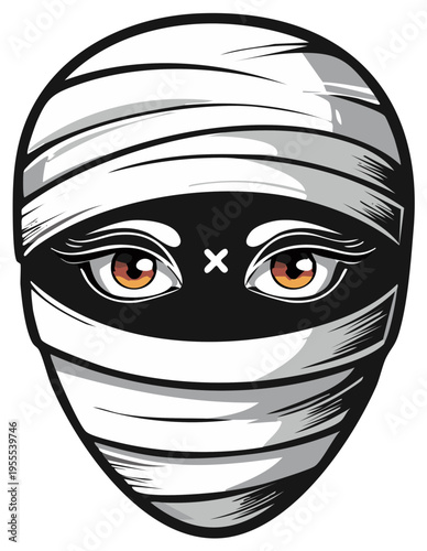 Cartoon Mummy Head Illustration with Bandages and Eyes, Halloween Concept, Vector Graphic, Isolated, Spooky Character
