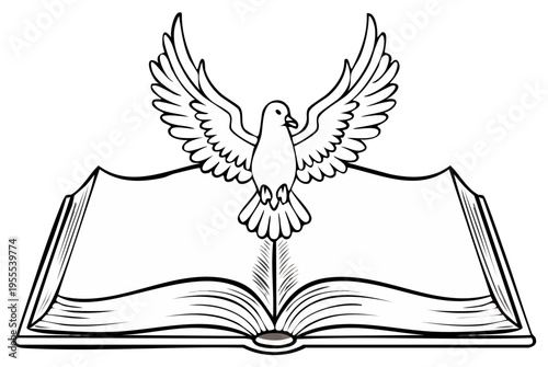 Dove flying over open holy book symbolic of faith, spirit, and revelation