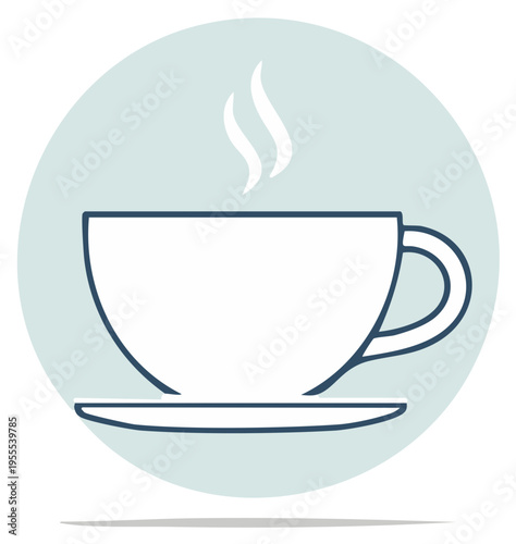 Illustration of a steaming coffee cup and saucer inside a circle.