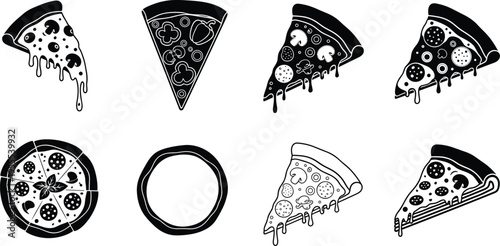 Pizza slice and whole pizza icon collection with dripping cheese and toppings vector illustration set for Italian fast food menu design