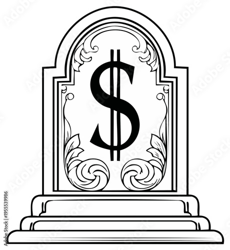 Ornate Gravestone with Dollar Sign Symbol Art