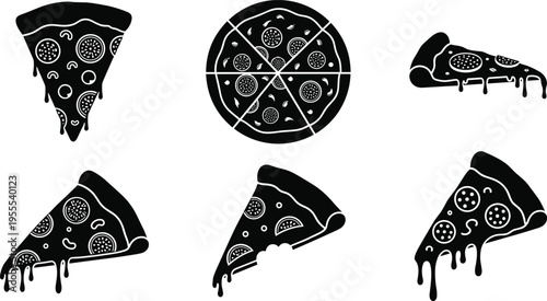 Pizza slice and whole pizza icon set with dripping cheese and toppings silhouette vector illustration for restaurant menu fast food design