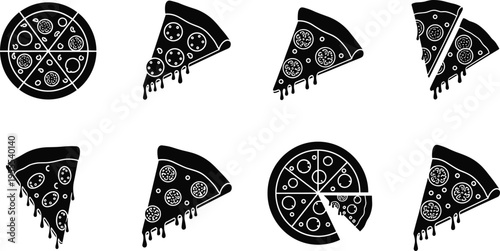Pizza slice and whole pizza icon set with dripping cheese toppings silhouette vector illustration for Italian fast food menu design