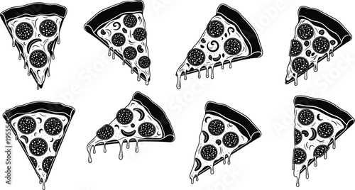 Pizza slice icon collection with dripping cheese and pepperoni toppings hand drawn vector illustration set for Italian fast food menu design