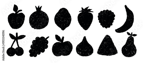 Minimalist black silhouettes fruits and berries in a geometric flat style. Scrapbook collage abstract geometric shapes