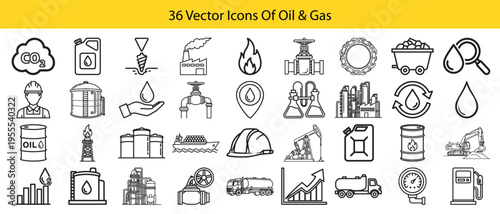 Oil Gas Industry Line Icon Set for Petroleum Energy Refinery Drilling Fuel Pipeline Industrial Production Engineering Fuel Supply Symbols