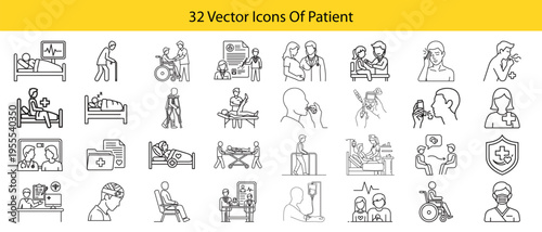 Patient Medical Care Line Icon Set for Healthcare Treatment Doctor Nurse Hospital Therapy Medical Support Recovery Wellness Design Collection