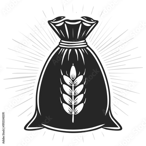 Stylized Sack of Grain with Wheat Emblem and Sunburst Effect