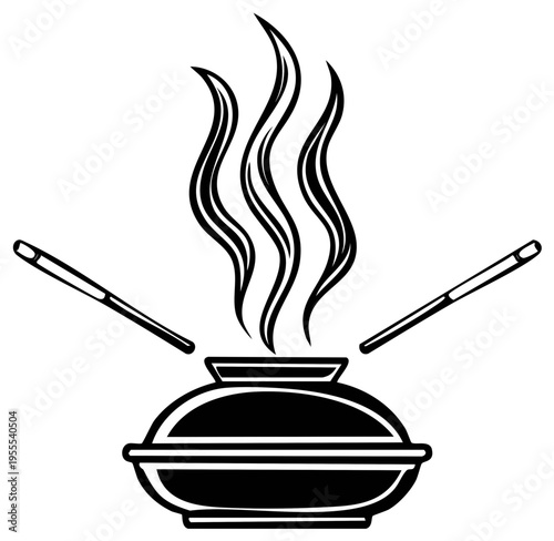 Incense burner with rising smoke, accompanied by chopsticks in monochrome vector illustration.