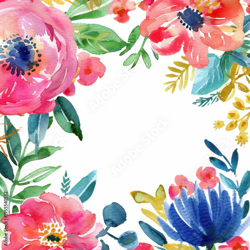 Watercolor flower border floral frame pink blossom botanical illustration spring flower wedding invite garden leaf pastel color greeting card floral wreath