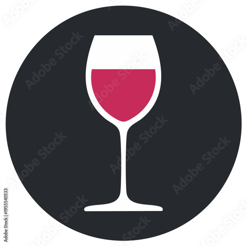 Flat icon of a wine glass filled with red wine against a dark circular background