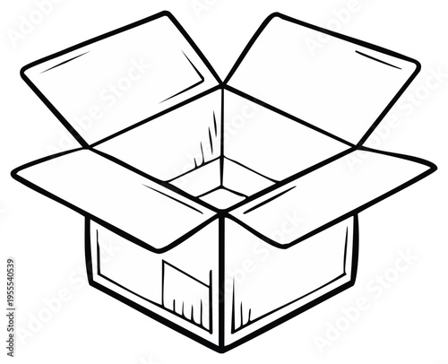 Outline illustration of an open cardboard box package for shipping and moving products