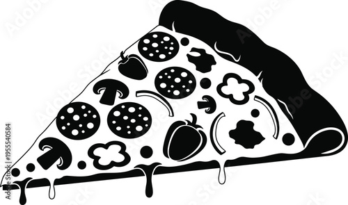 Pizza slice silhouette with vegetable toppings mushrooms pepperoni and dripping cheese vector illustration for Italian fast food restaurant menu design