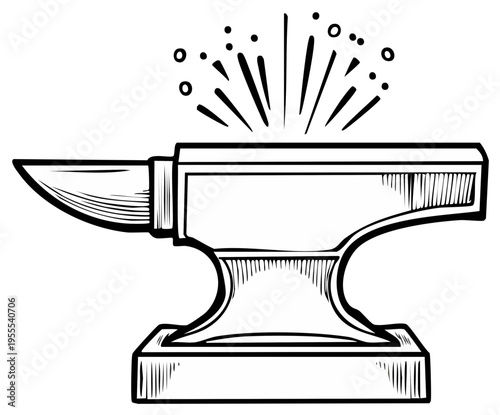 Vintage Iron Anvil with Sparks Sketch Illustration - Black and White Smithing Equipment