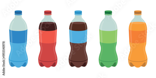 Water bottle icon set featuring plastic bottles, mineral water, carbonated soda, and fizzy drink symbols, vector illustrations for product design and packaging