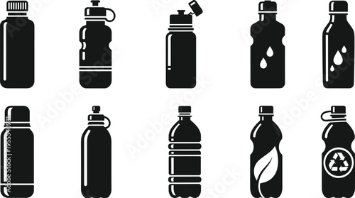 Reusable and plastic water bottle silhouettes collection with sport hydration and eco drink containers isolated on white background vector icon set