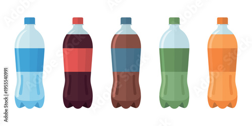 Vector water bottle icons showing plastic bottles, mineral water, soda, and fizzy drink designs for beverage product, packaging, and digital illustration