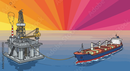 Illustration of oil rig towing cargo ship with rope in ocean