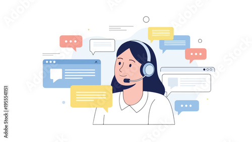 Illustration of a customer service representative wearing a headset with colorful speech bubbles around her on a white background.