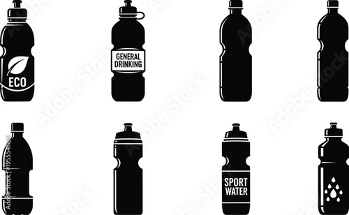 Set of eight black and white water bottle icons featuring eco-friendly, general drinking, and sport hydration designs, ideal for packaging, branding, and digital interface use.
